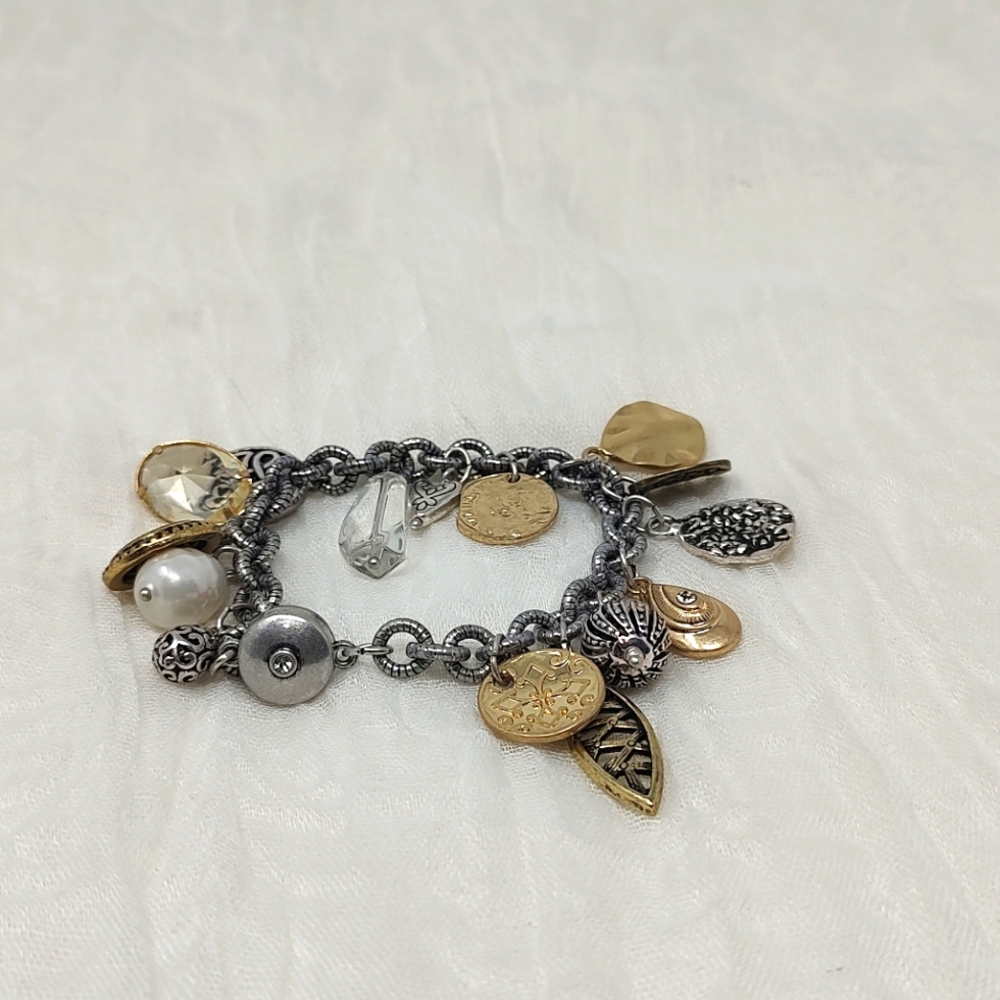 Gold silver brass mixed media bauble silver tone chain bracelet w/magnetic clasp